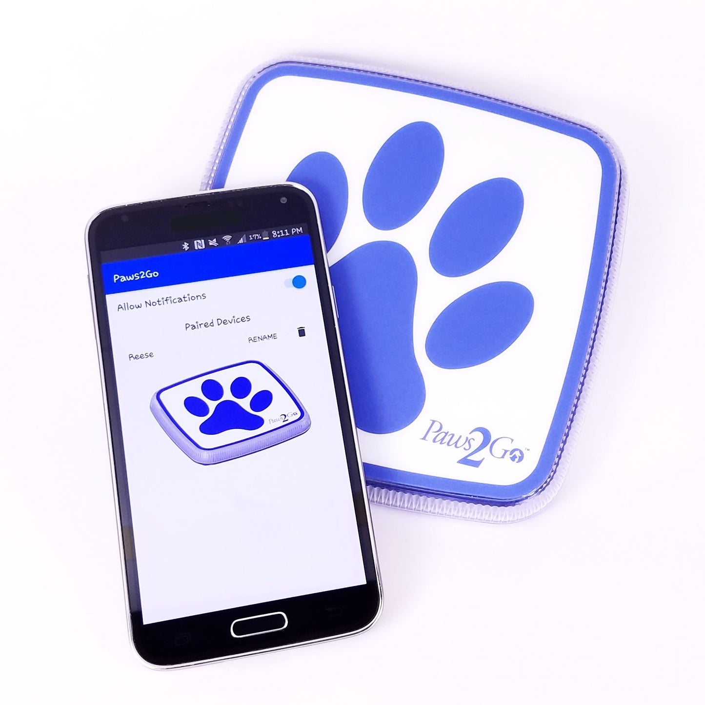 Paws2Go device with a smartphone showing the potty alert app